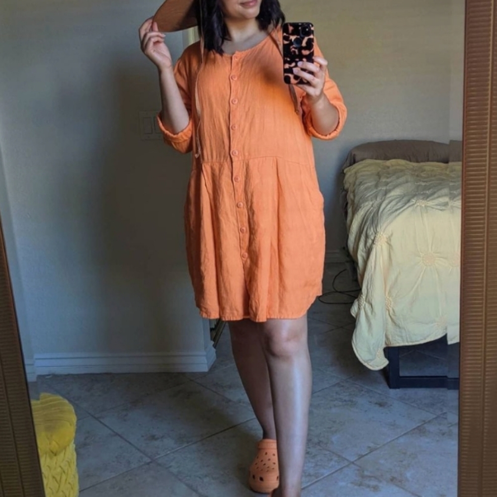 FLAX Orange Button Up Shirt Dress Pockets Linen A5